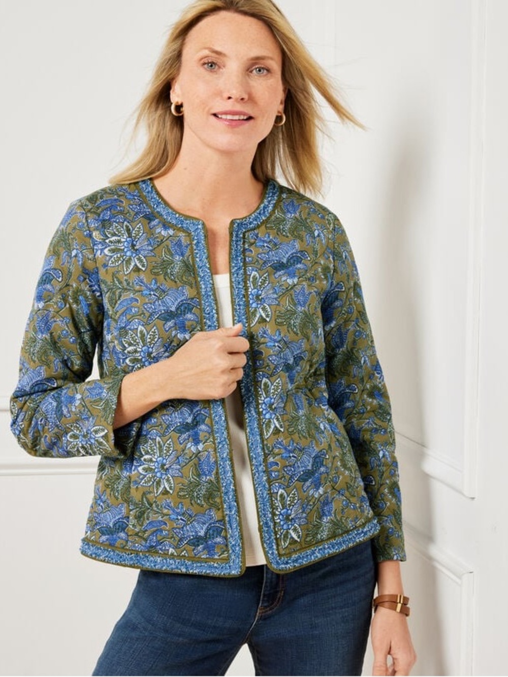 Talbots Olive and Blue Floral Quilted Jacket
